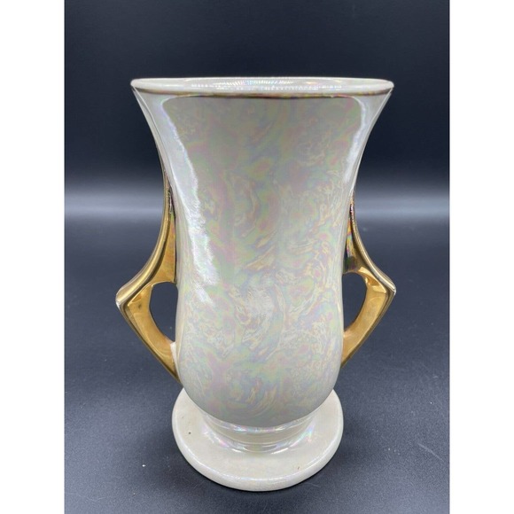 Vintage Iridescent Pearlescent Gold Lusterware Vase Hand Decorated 22KT 7” - Picture 7 of 11